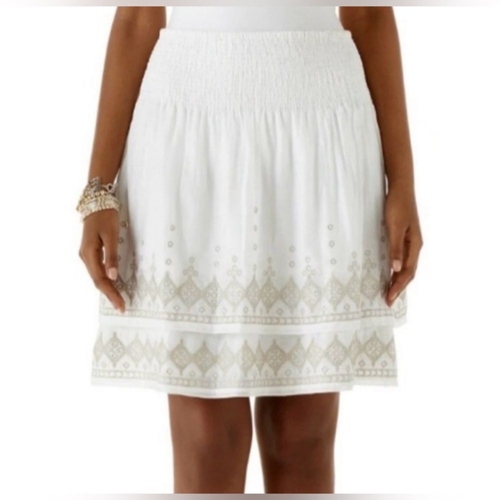 WHBM White Gold Embroidered Smocked Waist Tiered Silk Mini Skirt Size XS